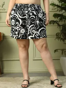 Oxolloxo Plus Size Floral Print Tie-Up Detail Linen Cotton Short with Elasticated waist