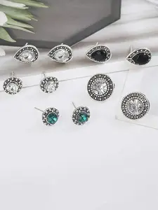 YouBella Set Of 5 Silver-Plated Artificial Stones Studded Circular Shaped Antique Studs