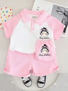 INCLUD Girls Printed Short Raglan Sleeves T-Shirt With Shorts & Sling Bag