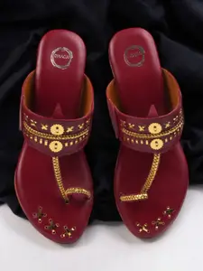 Dhaga Women Gold Cross Block Heel Kolhapuri