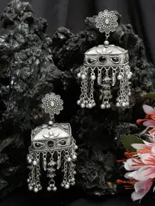 YouBella Silver-Plated Artificial Stones Studded Dome Shaped Oxidised Jhumkas