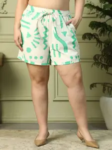 Oxolloxo Plus Size Printed Elasticated With Tie-Up Detail Linen Cotton Short