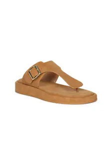 Viviblu Women Tan T-Strap Flats Synthetic Leather Slip On with Buckles