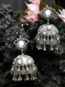 YouBella Silver-Plated Artificial Stones Studded Dome Shaped Oxidised Jhumkas