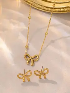 Jewels Galaxy Stainless Steel Gold-Plated Bow Shaped Necklace And Earrings