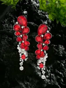 YouBella Silver-Plated Artificial Stones Studded Contemporary Drop Earrings