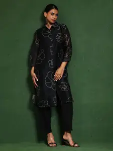 Varanga Floral Printed Chanderi Silk Shirt Collar Straight Kurta