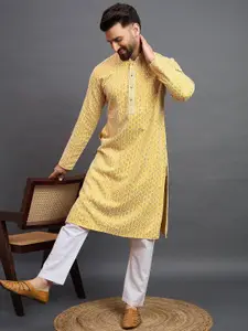 House of Pataudi Geometric Embroidered Mandarin Collar Sequinned Straight Kurta