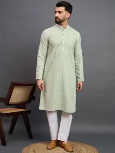 House of Pataudi Embroidered Mandarin Collar Chikankari Cotton Straight Kurta