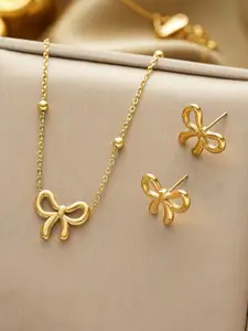 Jewels Galaxy Stainless Steel Gold-Plated Bow Shaped Necklace And Earrings