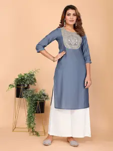 Rangita Floral Yoke Design Round Neck Thread Work Straight Kurta
