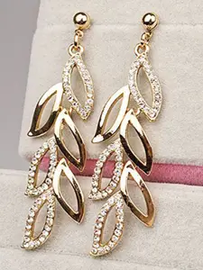 YouBella Gold-Plated Artificial Stones Leaf Shaped Drop Earrings