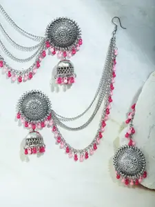 YouBella Silver-Plated Artificial Beaded Maang Tika And Earrings