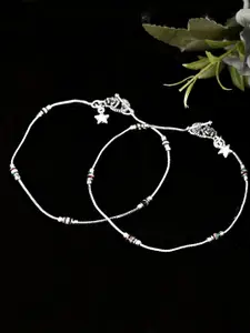 VOJ Set Of 2 Silver-Plated Stainless Steel Artificial Stones Studded Anklet