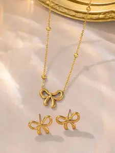 Jewels Galaxy Stainless Steel Gold-Plated Bow Shaped Necklace And Earrings