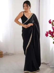 Saree mall Black Satin Zari Embellished Party Wear Sarees