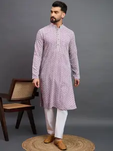 House of Pataudi Geometric Embroidered Mandarin Collar Sequinned Pure Cotton Kurta