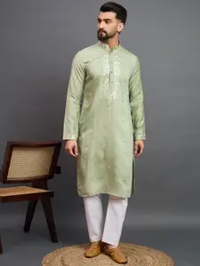House of Pataudi Embroidered Mandarin Collar Mirror Work Straight Kurta