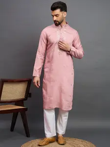 House of Pataudi Geometric Yoke Design Mandarin Collar Mirror Work Straight Kurta
