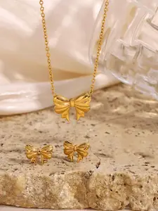 Jewels Galaxy Stainless Steel Gold-Plated Bow Shaped Necklace & Earrings