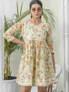 Sangria Floral Embroidered Pure Cotton Fit & Flare Dress