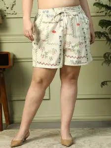 Oxolloxo Plus Size Floral Print Elasticated With Tie-Up Detail Linen Cotton Shorts