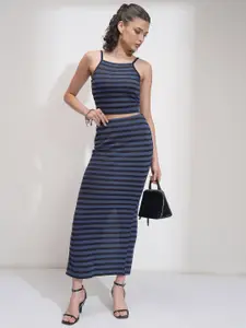 Tokyo Talkies Striped Shoulder Sleeveless Strap Top With Skirt