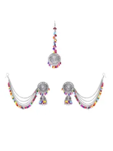YouBella Silver-Plated Artificial Beads Dome Shaped Jhumkas With Maang Tika