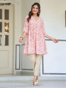 Janasya Women Peach Georgette Floral Printed Gathered Short Kurti