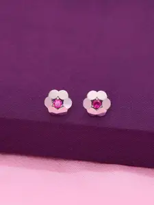 KAI JEWEL Sterling Silver Rhodium-Plated Floral Shaped Cubic Zirconia Enamelled Studs
