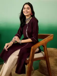 Sangria Women Floral Embroidered Square Neck Kurta