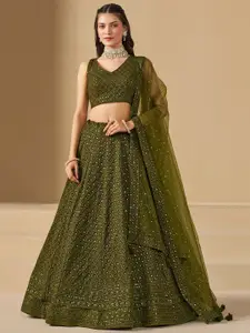 FABPIXEL Embroidered Sequinned Semi-Stitched Lehenga & Unstitched Blouse With Dupatta