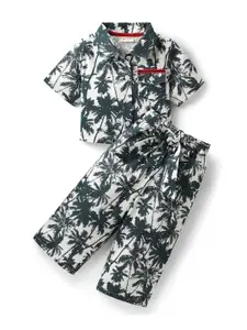 CrayonFlakes Girls Tropical Printed Short Sleeves Pure Cotton Shirt With Palazzos
