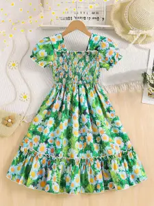 INCLUD Girls Floral Print Puff Sleeve Smocked Fit & Flare Maxi Dress