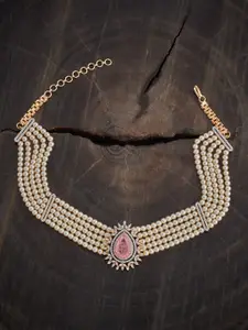 Kushal's Fashion Jewellery Rhodium Gold-Plated Cubic Zirconia & Pearls Beaded Necklace