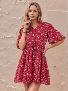 RARE Floral Print Flared Sleeve Chiffon A-Line Dress