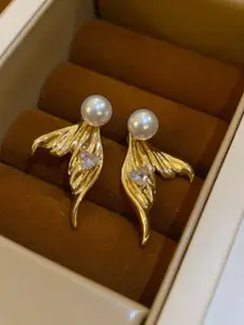 SUBHAGALANKAR Gold-Plated Artificial Stones & Mermaid Pearl Studded Drop Earrings