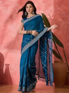 Sangria Checked Embroidered Saree With Unstitched Blouse