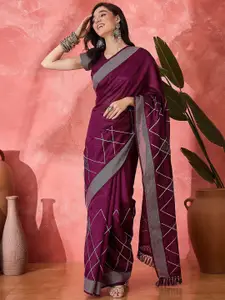 Sangria Checked Embroidered Saree With Unstitched Blouse