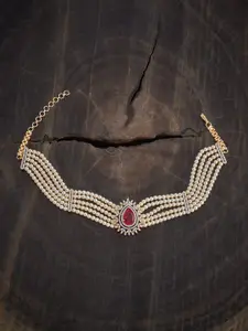 Kushal's Fashion Jewellery Rhodium Gold-Plated Cubic Zirconia & Pearls Beaded Necklace