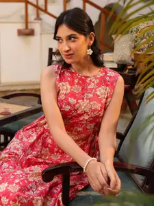 Janasya Women Pink Pure Cotton Floral Printed A-line Kurta