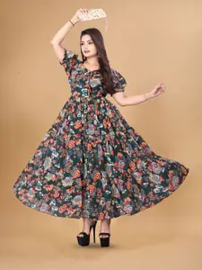 Anouk Floral Print Puff Sleeve Georgette Maxi Dress