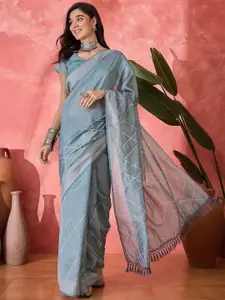 Sangria Checked Embroidered Saree With Unstitched Blouse