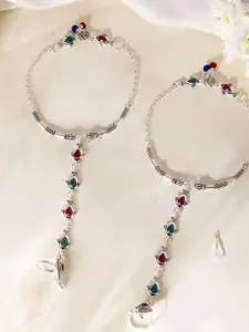 Anouk Set Of 2 Stainless Steel Silver-Plated Beaded Meenakari Anklet With Toe Ring