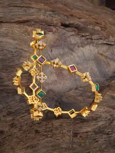 Kushal's Fashion Jewellery Set Of 2 Ruby-Green Gold-Plated Ethnic Antique Bangles