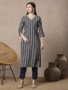FASHOR Striped V-Neck Pure Cotton Straight Kurta