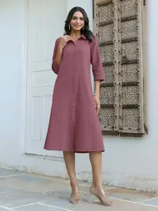 Janasya Women's Mauve Linen Cotton Solid A-line Dress