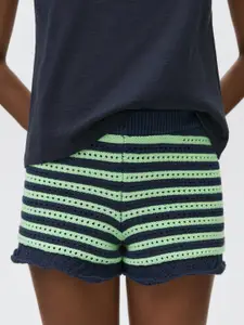 MANGO Women Pure Cotton Striped Crochet Shorts