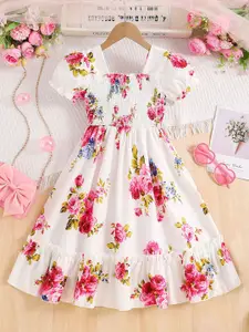 INCLUD Kids Girls Floral Printed Puff Sleeve Fit and Flare Midi Dress