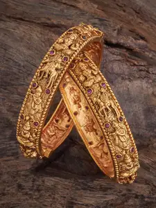 Kushal's Fashion Jewellery Set Of 2 Ruby Gold-Plated Ethnic Antique Bangles